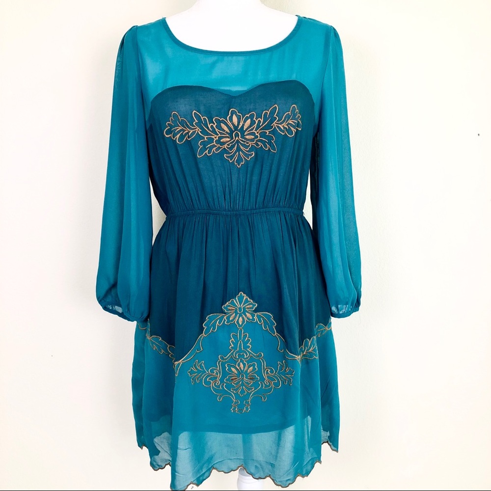 Flying Tomato Teal & Gold Embroidered Midi Dress
